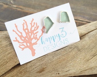 Blue Sea Glass Studs, Sterling Silver Light Blue Seaglass Studs