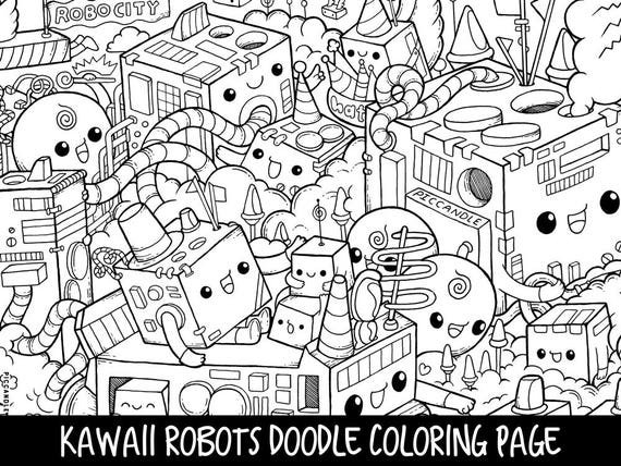 Robots Doodle Coloring Page Printable Cute/Kawaii Coloring