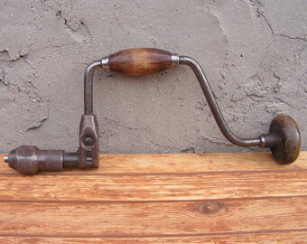 Vintage working hand drill, Vintage industrial, Vintage tools, Collectible tool, Wood handled drill, Antique hand drill, Antique tools