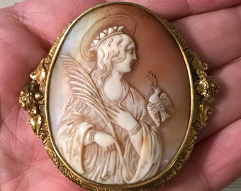 Antique French Carved Shell Cameo Virgin Mary Crown Dove Holy Spirit c1860