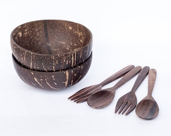 2 Coconut Shell Bowls with 2 pairs of Wooden Forks and Spoons