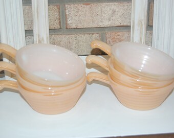 6 Vintage Fire King Peach Lusterware Beehive Soup Bowls with Handles