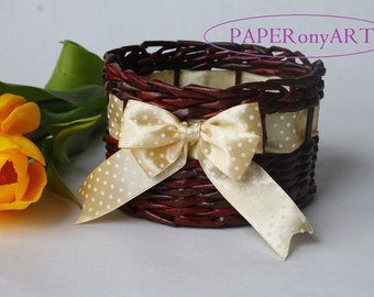 Wicker basket from paper with papaya whip ribbon Storage basket Lidded basket Willow basket Box for present Basket for gift Handwovenbasket