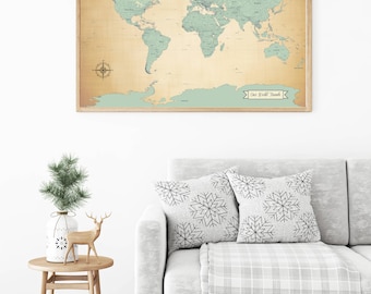 SALE! Push Pin Travel Map, World Travels Map, Map Art, World Map Art Print, Paper Anniversary Gift, Large Map 24x36 inch - ANTIQUE BLUE