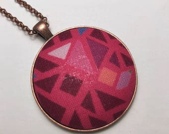 Bright Pink Necklace| Hot Pink Pendant| Geometric Necklace| Triangle Design Pendant| Fabric Button Necklace| Gifts Under 20 Dollars| Magenta