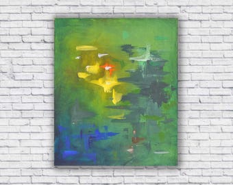Green, blue and yellow abstract canvas