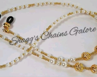 Classic II Gold Beaded Eyeglass Chain Sunglass Holder Necklace Strap Clear Faceted Rondelle Swarvoski Crystals Classic Pearl