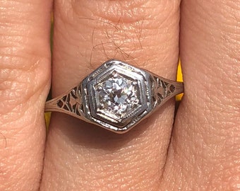 Signed Art Deco Old European Cut Diamond Engagemtn Ring