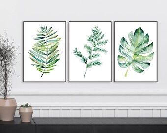 Botanical print sets of leaf art, Watercolor kitchen art, set of prints, Monserrat, Fern leaf digital poster set, art prints, spring decor