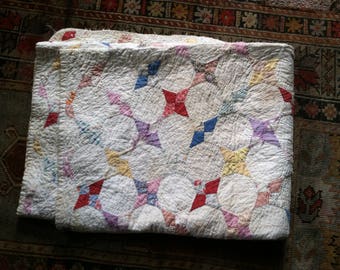 1920s patchwork quilt handmade 20s antique 1930s 30s cotton calico white blue red yellow pink north star compas rose hand quilted sewn made