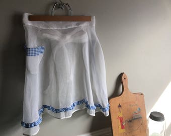 Vintage Apron - White Apron - Gingham Apron - Sheer Apron - Half Apron - Apron with Pocket