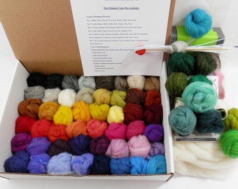 Needle felting complete kit felting foam, core wool, felting needles, Ultimate Color Box with 58 batting shades, Wooly Bun roving assortment