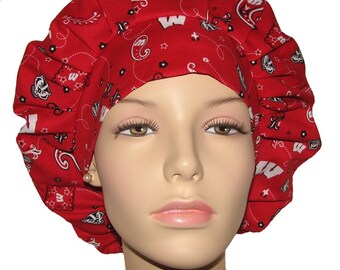Bouffant Scrub Hat-University Of Wisconsin Badgers BandanaFabric-ScrubHeads-Scrub Cap-Scrub Hat For Women-Badgers Scrub Hat-Veterinarian Hat