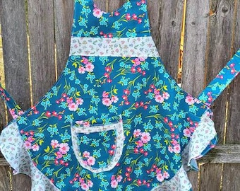 Turquoise and Pink Flowered Full Flouncy Ruffled APRON