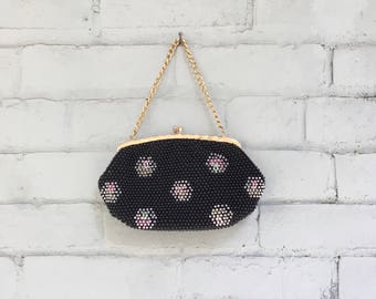 1960s black beaded clutch / 60s floral evening bag / 1960s black floral pocketbook