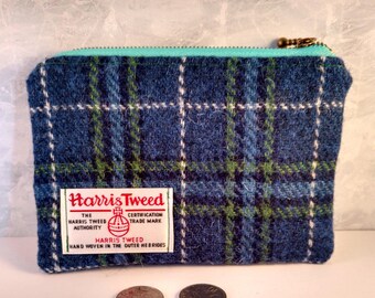 Harris Tweed coin purse in dark blue check, tartan coin purse, purse with zip, accessories pouch, Mother's day, zipper pouch, plaid purse,