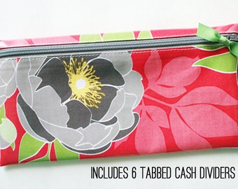 Cash envelope system wallet for Dave Ramsey budget | 6 sturdy cash dividers | watermelon pink, gray, green, yellow designer laminated cotton