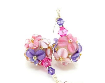 Pink Purple Earrings, Lampwork Earrings, Glass Bead Earrings, Glass Earrings, Flower Earrings, Floral Earrings, Glass Bead Jewelry