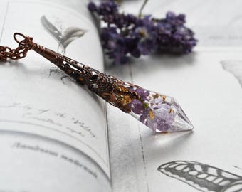 Real lilac icicle crystal necklace, real flower necklace, botanical necklace, boho necklace