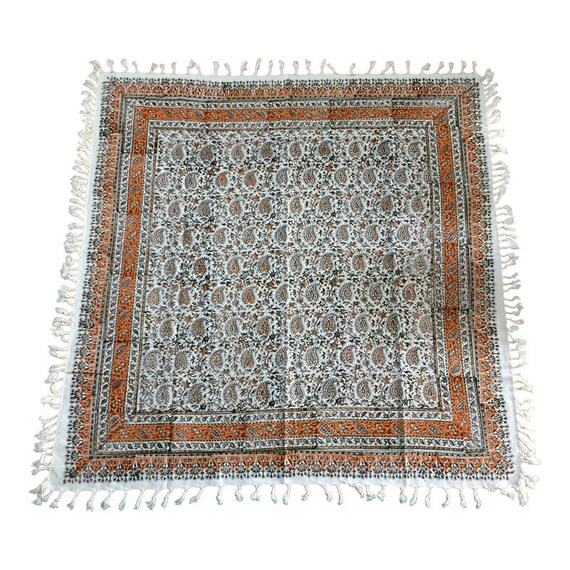 Orange paisley tablecloth, hand printed natural colour 40" inches with tassels, vintage textile, quality calico fabric, wall tapestry