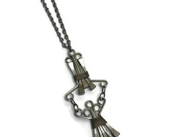 Vintage Pewter Necklace, Modernist or Brutalist Pendant Necklace, Costume Jewelry