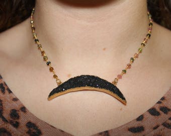 Black Druzy Necklace on Multicolor Beaded Chain