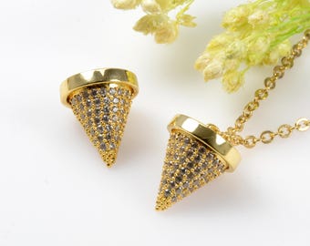 Cubic Zirconia Cone Pendant, 10mm CZ Spike Pendant, Clear CZ Spike Charm, Tarnish Resistant Gold Plating Cubic Zirconia Pendants