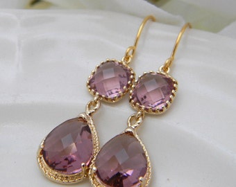 Plum Earrings / Plum and Gold Earrings / Dangle Earrings / Wedding Earrings / Bridesmaid Gift / Bridesmaind Earrings / Gift For Her