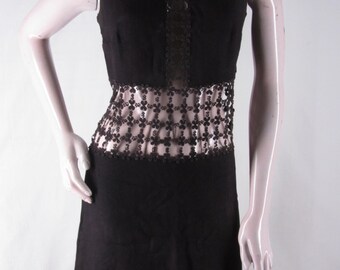 Vintage Mod Go-Go Dress S Black Peekaboo Open Floral Lace Midriff Inset Sleeveless
