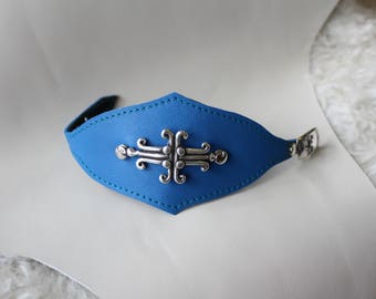 Leather wristband. Leather cuff. Faery bracelet. leather wristlet. Blue leather cuff