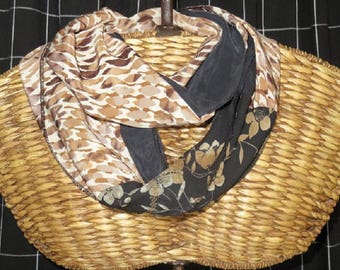 Scarf, Unique combination of fabrics,One only ,Blacks,Browns,Caramel,Tans, Floral