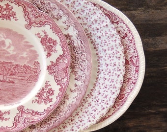 Mismatched Pink White Transferware Dinner Plates Set of 4 Replacement China Red Tranferware Plates Pink White Plates