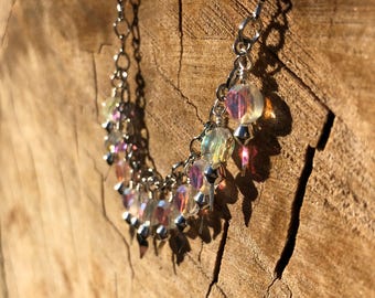 Clear Faceted Glass Charm Choker, Silver Chain Choker, Iridescent Clear Glass Necklace, Sharp Statement Choker, Unique Handmade Gift for Her