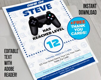 Video Game Invitation with FREE Thank you Card!- INSTANT DOWNLOAD - Video Game Party (Blue) - Edit and print at home with Adobe Reader