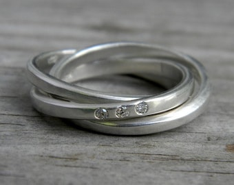 Argentium Sterling Silver Ring, No Conflict Diamond Rolling Ring, Silver Nesting Ring with Flush Set Diamond, Handcrafted Matte Band