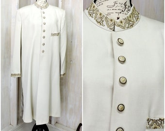 Vintage long evening coat / silk opera coat / off white / ivory long formal coat / size L 14 / 16