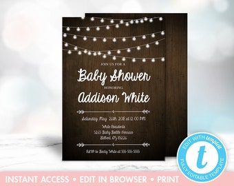 Rustic Baby Shower Invitation, Rustic Baby Shower, Instant Download, Wood, String Lights, Gender Neutral, Templett