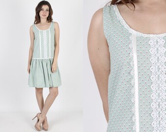 Gunne Sax Dress Jessica McClintock Dress Tank Dress Summer Dress Boho Dress 80s Dress Vintage 1980s Mint Calico Floral Prairie Mini Dress