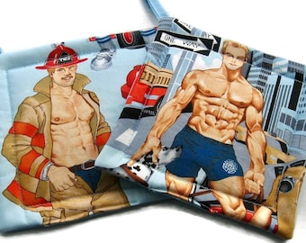 Quilted Pot holders Hot Firefighers in Blue set of 2 Potholders