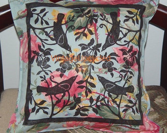 Sale-Shabby Chic Pillow-Bird Linocut Print- French Country Cottage- 14 x 14 inch