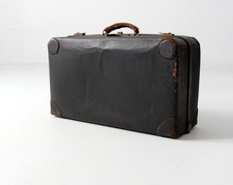 1930s black leather suitcase, vintage luggage, stacking luggage