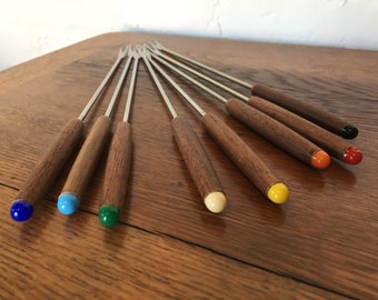 Teak Handled Fondue Forks with Colorful Plastic Tips - Set of Eight (8)