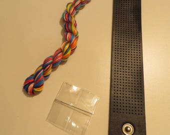 Kit for bracelet, embroidery FLOSS, black leatherette included threads, needles, bracelet and explanations