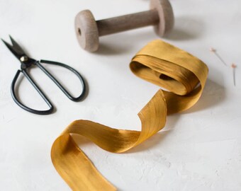 Vintage Gold Hand-Dyed Silk Ribbon (with Wooden Spool) - 5 yards - 1.25" wide