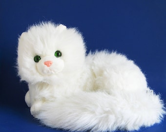 Vintage Large White Kitty Cat Nikki by Russ Berrie Caress Soft Pets Kitten Green Eyes Soft Fluffy 1980s Toy Plush