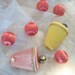 40s vintage satin covered ornaments, 2 old bells with jingle bell clappers, 6 small round ornaments, set of 8 pieces, soft colors