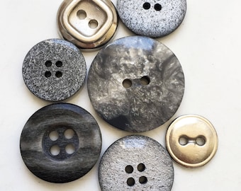 nos and vintage recycled glittery silver gray and black marbled and metal buttons--mixed lot of 7
