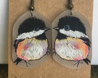 Hand Drawn Chickadee Earrings