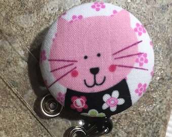 Name badge fabric covered badge reels pink kitty design nurse name badge