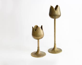 mid century modern tulip brass candlestick holders // solid brass made in india